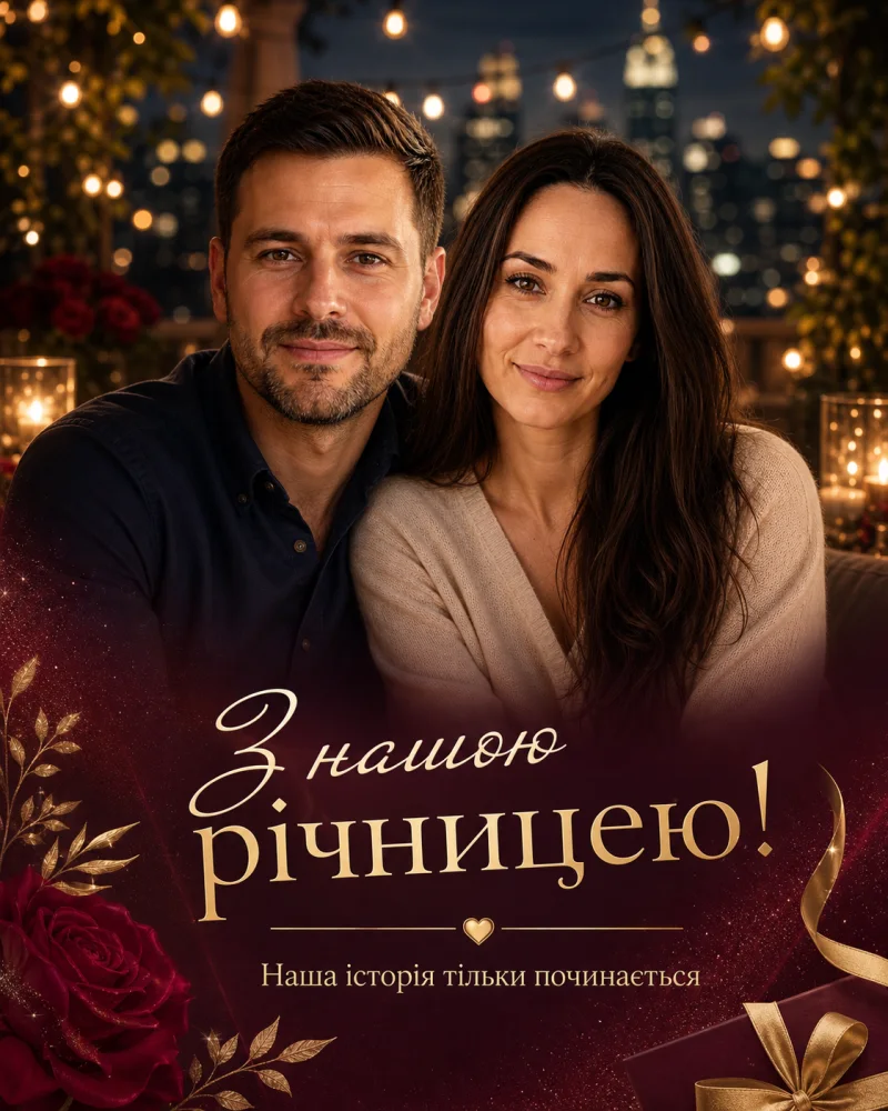 Персональна листівка на річницю з двома людьми та дизайнерською типографікою
